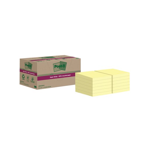 Post-it Super Sticky Recycled 47.6x47.6mm Cardboard Packaging Yellow (Pack of 12) 622RSS12CY Repositional Notes 3M06001