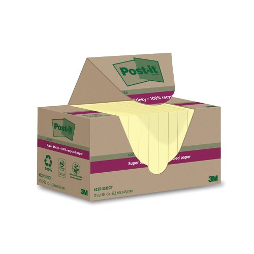 Post-it Super Sticky Recycled 47.6x47.6mm Cardboard Packaging Yellow (Pack of 12) 622RSS12CY