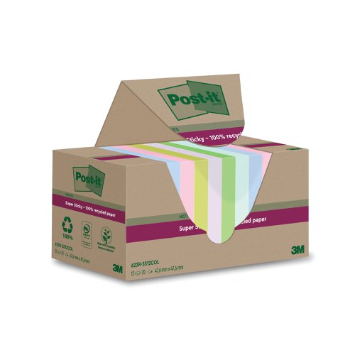 Post-it Super Sticky Recycle 47.6x47.6 Cardboard Packaging Assorted (Pack of 12) 622RSS12COL | 3M