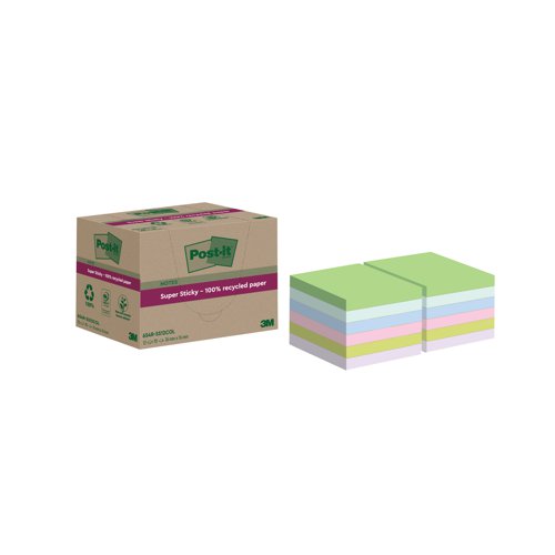 Post-it Super Sticky Recycled 76x76mm Cardboard Packaging Assorted (Pack of 12) 654 RSS12COL