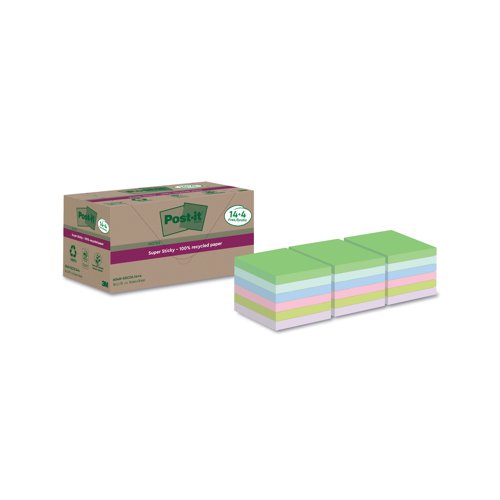 Post-it Super Sticky Recycle 76x76mm Cardboard Packaging Yellow (Pack of 18) 654 RSSCY 14+4F