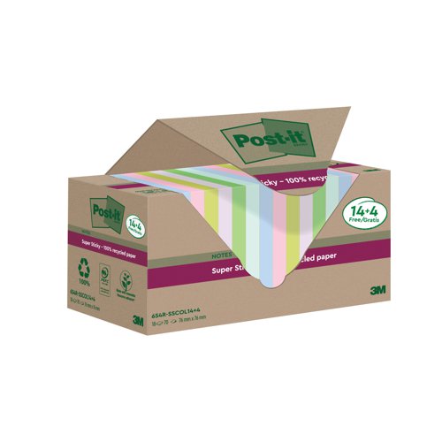 Post-it Super Sticky Recycled 76x76 Cardboard Packaging Assorted (Pack of 18) 654RSSCOL14+4F | 3M