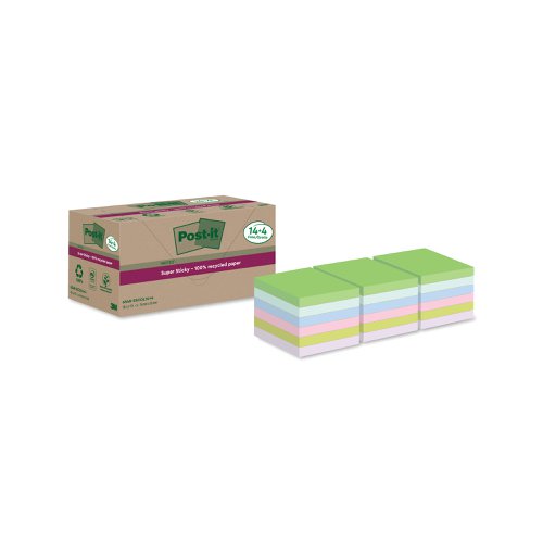 Post-it Super Sticky Recycled 76x76 Cardboard Packaging Assorted (Pack of 18) 654RSSCOL14+4F | 3M