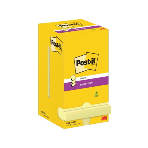 Post-it Super Sticky Z-Notes 76x76mm 90 Sheets Cardboard Packaging Yellow (Pack of 12) R330-12SSCY 3M06557