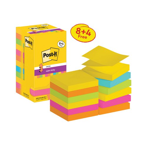 Post-it Super Sticky Z-Notes 76x76 mm 90 Sheets Carnival 8 + 4 FREE (Pack of 12) Value Pack!