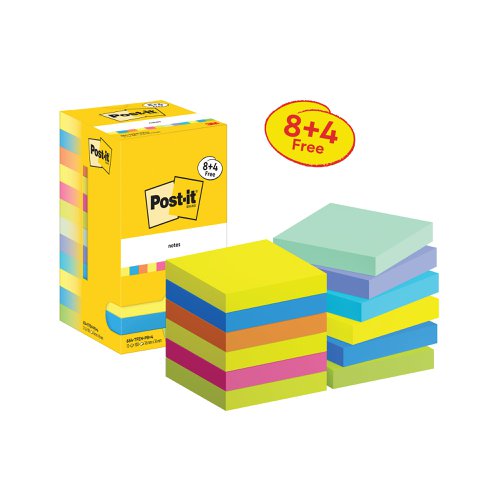 Post-it Notes 76x76mm 90 Sheets Energetic VALUE PACK 8 + 4 FREE (Pack of 12) 654-MX-P8+4