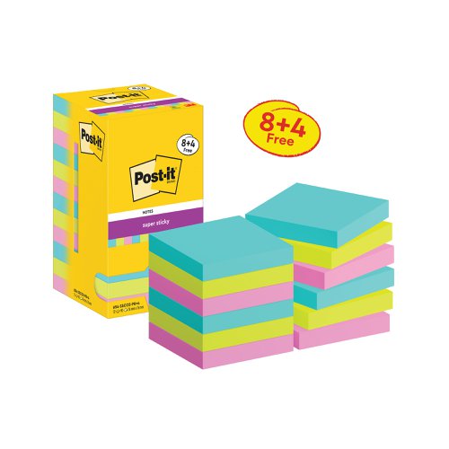 Post-it Super Sticky Notes 76x76mm 90 Sheets Cosmic (Pack of 12) P8 + 4 FREE Value Pack!