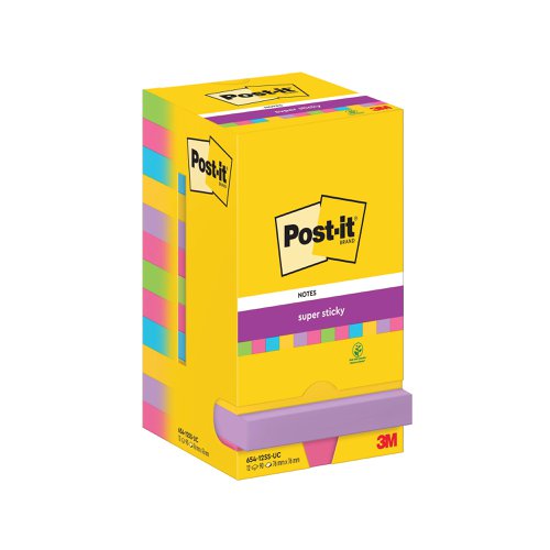 Post-it Super Sticky Notes 76x76mm 90 Sheets Cardboard Packaging Assorted (Pack of 12) 654-12SS-UC