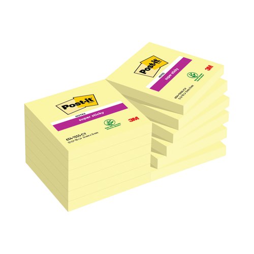 Post-it Super Sticky Note 76x76mm 90 Sheets Cardboard Packaging Canary Ylw (Pack of 12) 654-12SS-CY | 3M