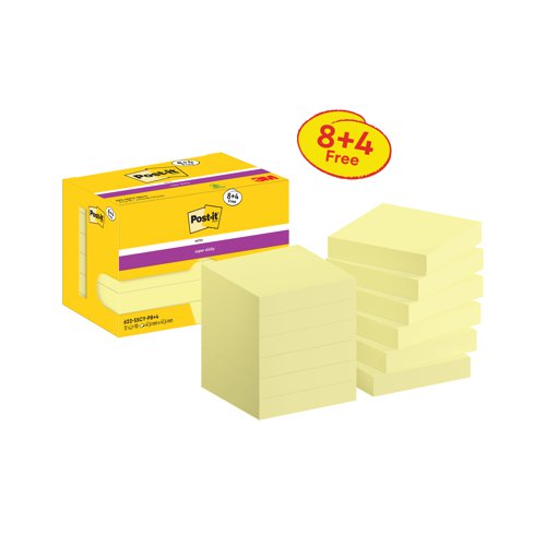 Post-it Super Sticky Notes 47.6x47.6 90 Sheets Yellow VALUE Pack 8+4 FREE (Pack of 12) 622-SSCY-P8+4 | 3M