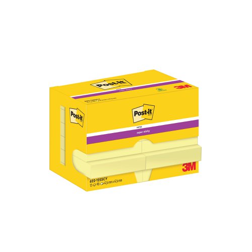 Post-it Super Sticky Notes 47.6x47.6mm 90 Sheets Cardboard Packaging Canary Yellow (Pack of 12) 622-