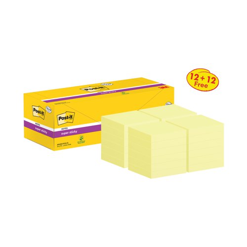 Post-it Super Sticky Notes 76x76 mm Canary Yellow 90 Sheets 12+12 FREE (Pack of 24) Value Pack!