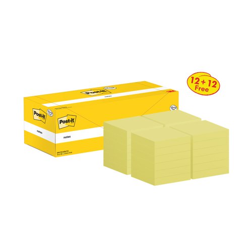 Post-it Notes 76x76mm 100 Sheets Canary Yellow VALUE PACK 12 + 12 FREE (Pack of 24) 654Y12+654Y12 | 3M