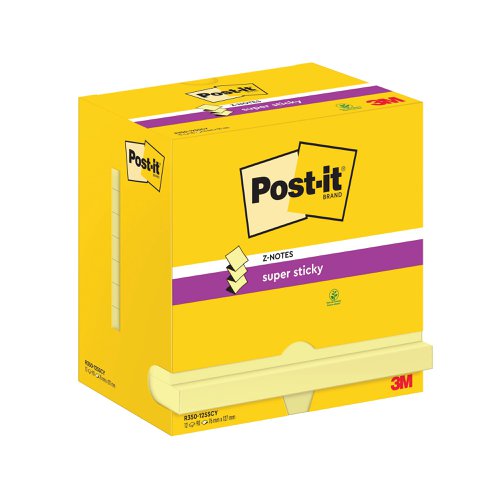 Post-it Super Sticky Z-Notes 76x127mm 90 Sheets Cardboard Packaging Canary Yellow (Pack of 12) R350-