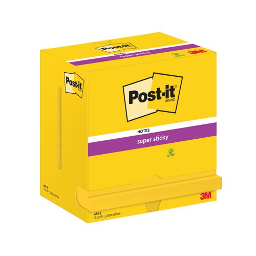 Post-it Super Sticky Notes 76x127mm 90 Sheets Cardboard Packaging Ultra Yellow (Pack of 12) 655-S