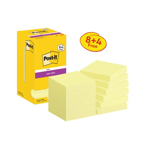 Post-it Super Sticky 76x76mm 90 Sheets Canary Yellow VALUE PACK 8 + 4 FREE (Pack of 12) 654-SSCY-P8+ | 3M