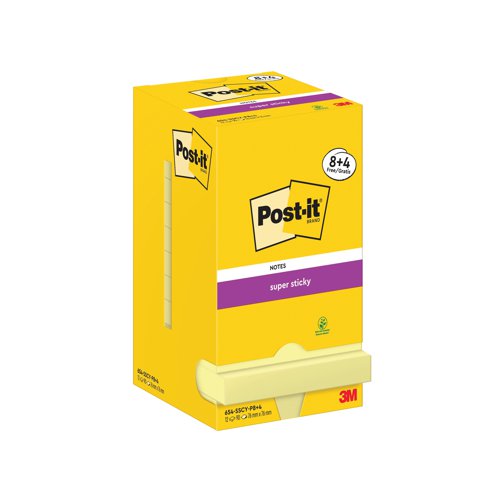 Post-it Super Sticky 76x76mm 90 Sheets Canary Yellow VALUE PACK 8 + 4 FREE (Pack of 12) 654-SSCY-P8+ | 3M