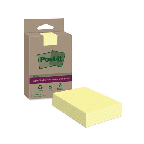 Post-it Super Sticky Recycled Notes Lined 102x152mm 45 Sheets Canary Yellow (Pack of 4) 4645-RSSCY4 | 3M