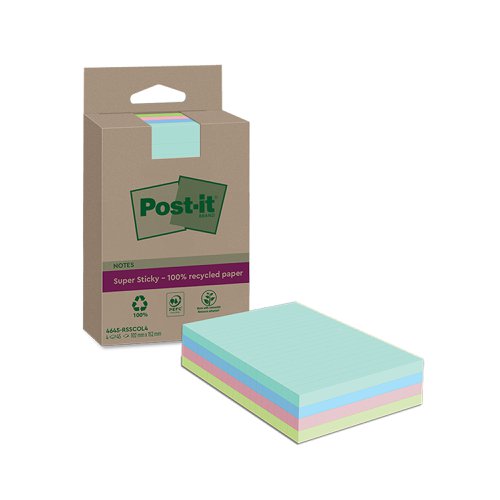 Post-it Super Sticky Recycled Notes Lined 102x152mm 45 Sheets Assorted (Pack of 4) 4645-RSSCOL4 Repositional Notes 3M14288