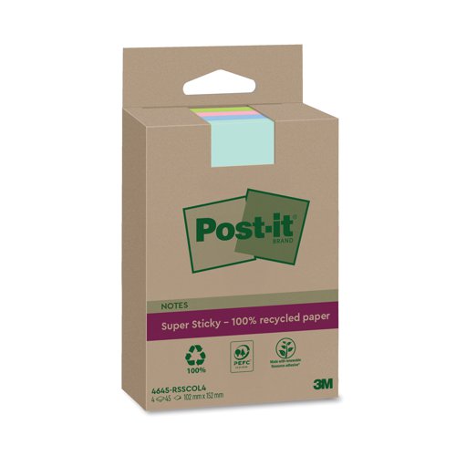 Post-it Super Sticky Recycled Notes Lined 102x152mm 45 Sheets Assorted (Pack of 4) 4645-RSSCOL4 | 3M