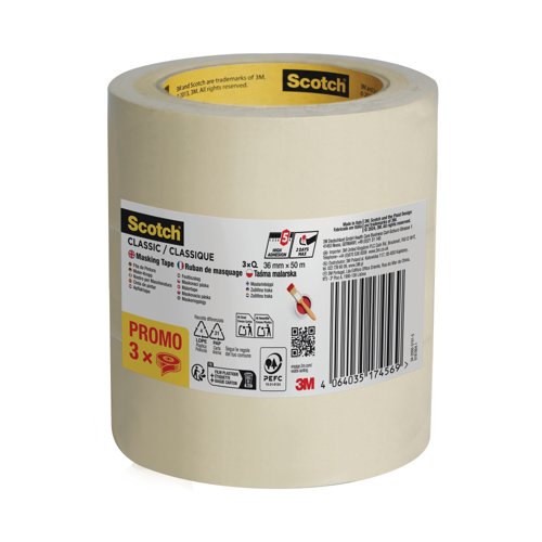 Scotch Classic Masking Tape 36mm x 50m (Pack of 3) 7100334057