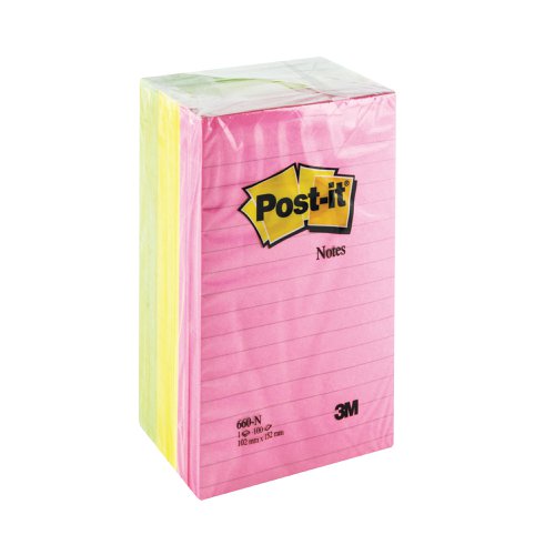 Post-it Notes XXL 101x152mm Lined Neon Assorted (Pack of 6) 660N | 3M