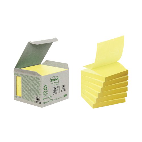 Post-it Recycled Z-Notes 76 x 76mm Cardboard Packaging Canary Yellow (6 Pack) R330-1B | 3M