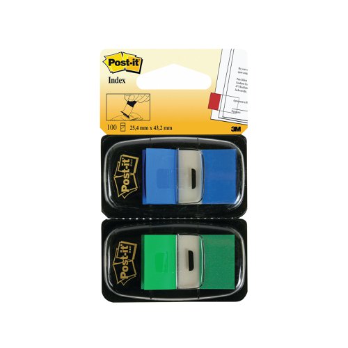 3M59869 | This twin pack of Post-it Index Tabs provides an easy way to mark and highlight important information in an instant. With Post-it removable adhesive, you can easily apply, remove and readjust these tabs as necessary, whether you're highlighting parts of a document or marking relevant pages in a book. With coloured tips and a semi-transparent design, you can mark areas on the page without obscuring text. This pack includes two dispensers with 50 green tabs and 50 blue tabs (100 tabs in total).