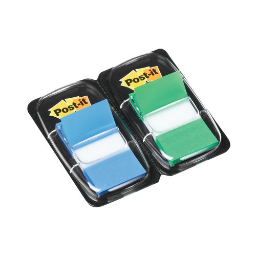 3M59869 | This twin pack of Post-it Index Tabs provides an easy way to mark and highlight important information in an instant. With Post-it removable adhesive, you can easily apply, remove and readjust these tabs as necessary, whether you're highlighting parts of a document or marking relevant pages in a book. With coloured tips and a semi-transparent design, you can mark areas on the page without obscuring text. This pack includes two dispensers with 50 green tabs and 50 blue tabs (100 tabs in total).