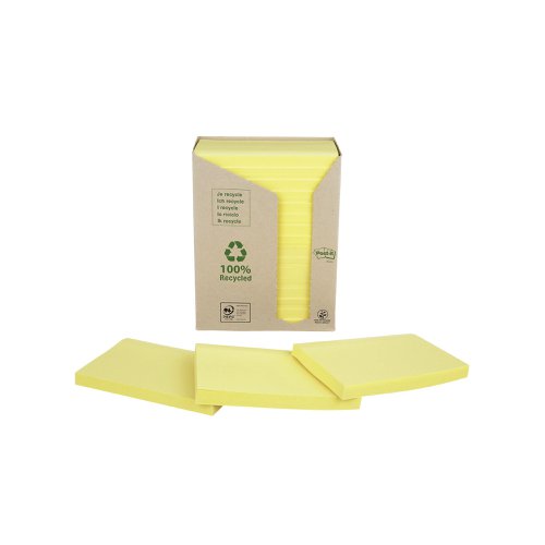 Post-it Recycled Notes 76x127mm 100 Sheets Cardboard Packaging Canary Yellow (Pack of 16) 655-1T