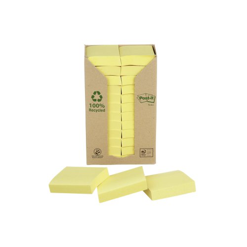 Post-it Recycled Notes 38x51mm 100 Sheets Cardboard Packaging Canary Yellow (Pack of 24) 653-1T