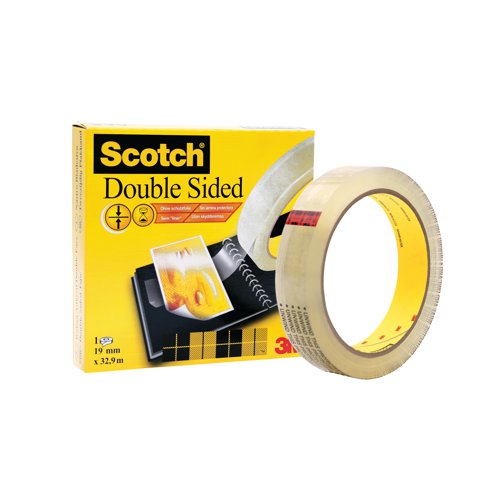 Scotch Double Sided Tape features a strong adhesive for a permanent bond. Ideal for light duty mounting, the tape is photo-safe and has no backing strip to remove for quick and easy application. This pack contains 1 roll of clear tape measuring 19mm x 33m.