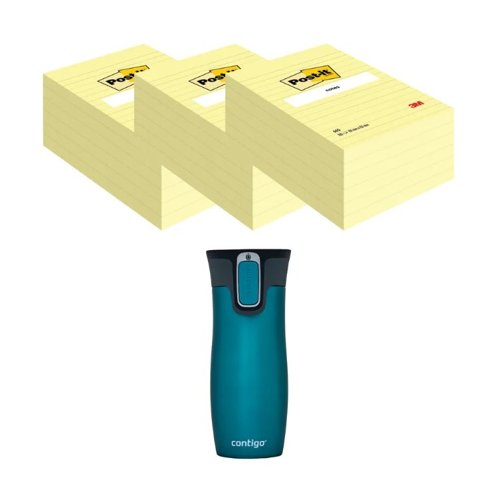 Post-It Notes XXL 101x152mm Lined Yellow 3x6 Pads (Pack of 18) + FOC Contigo Travel Mug