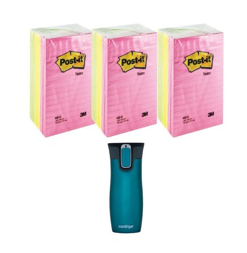 Post-It Notes XXL 101x152mm Lined Neon 3x6 Pads (Pack of 18) + FOC Contigo Travel Mug