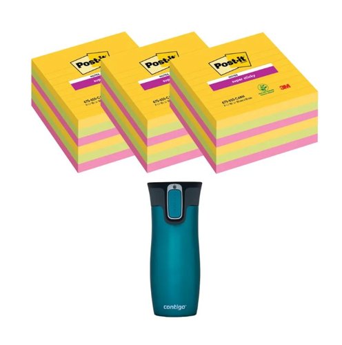 Post-It Super Sticky XL 101x101mm Lined Rio 3x6 Pads (Pack of 18) + FOC Contigo Travel Mug
