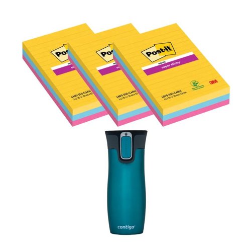 Post-It Super Sticky XXL 101x152mm Lined Rio 3x3 Pads (Pack of 9) + FOC Contigo Travel Mug