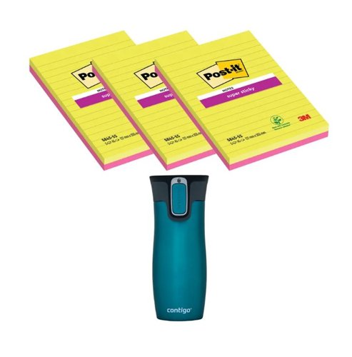 Post-It Super Sticky 101 x 152mm Lined Ultra (3 packs of 3 Pads) + FOC Contigo Travel Mug