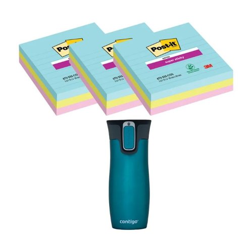 Post-It Super Sticky XL 101x101mm Lined Cosmic 3x3 Pads (Pack of 9) + FOC Contigo Travel Mug