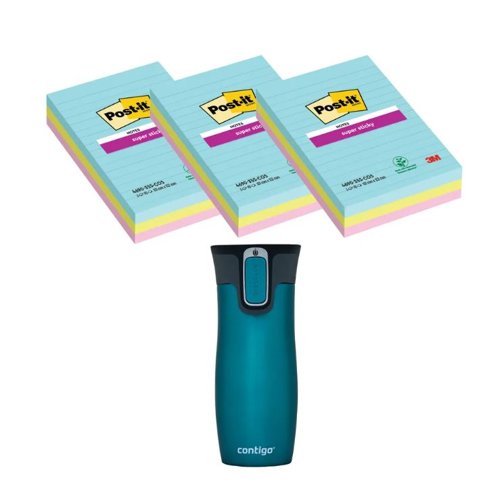 Post-it Super Sticky XXL 101x152mm Cosmic 3x3 Pads (Pack of 9) + FOC Contigo Travel Mug