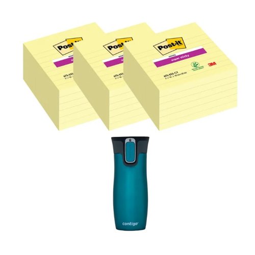 Post-It Super Sticky 101x101mm Lined Yellow 3x6 Pads (Pack of 18) + FOC Contigo Travel Mug