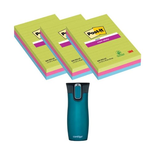Post-It Super Sticky 101x152mm Lined Ultra 3x3 Pads (Pack of 9) + FOC Contigo Travel Mug