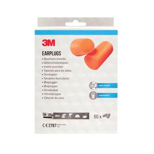 3M Earplugs 1100, Soft Foam, Snr Value 35 Db, Orange, Pack 50