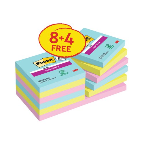 Post-it Super Sticky Notes Cosmic 76x76mm 90 Sheets 8 + 4 Free Pads (Pack of 12) 7100259229