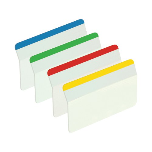 3M93619 | These Post-it Index Angled Filing Tabs provide an easy way to mark and highlight important information in an instant. With Post-it removable adhesive, you can easily apply, remove and readjust the index tabs as necessary, whether you're highlighting parts of a document or marking relevant pages in a book. The extra large tabs measure 50.6 x 38mm (2 x 1.5 inch), providing a larger area to write on and are angled for easy reference. The durable, extra thick tabs are designed for long lasting use. This pack contains 24 index tabs with blue, yellow, red and green coloured tips.