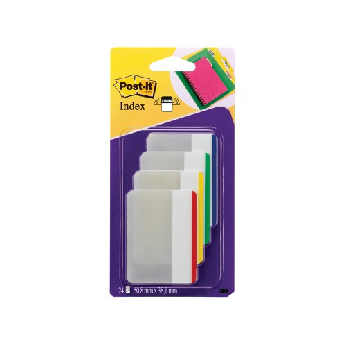 3M93620 | These Post-it Index Flat Filing Tabs provide an easy way to mark and highlight important information in an instant. With Post-it removable adhesive, you can easily apply, remove and readjust the index tabs as necessary, whether you're highlighting parts of a document or marking relevant pages in a book. The extra large tabs measure 50.6 x 38mm (2 x 1.5 inch), providing a larger area to write on. The durable, extra thick tabs are designed for long lasting use. This pack contains 24 index tabs with blue, yellow, red and green coloured tips.