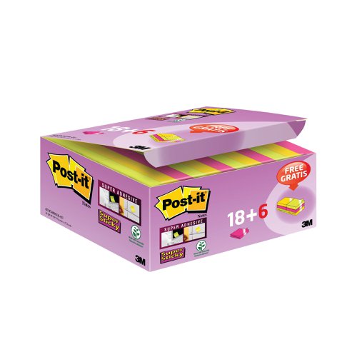 Post-it Super Sticky 47.6x 7.6mm Assorted VALUE PACK 18 + 6 FREE Pads (Pack of 24) 622- P24SSCOL