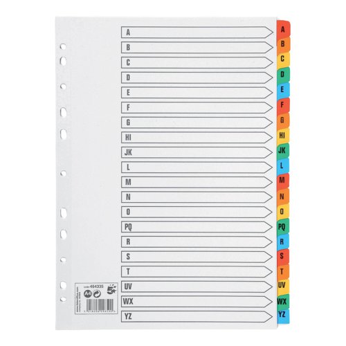 5 Star Office Index A-Z 20-Part Multipunched Mylar-reinforced Multicolour Tabs 160gsm A4 White