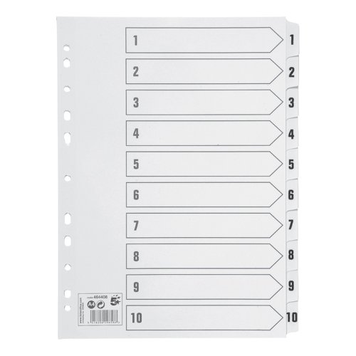 5 Star Office Index 1-10 Multipunched Mylar-reinforced Strip Tabs 150gsm A4 White | VOW