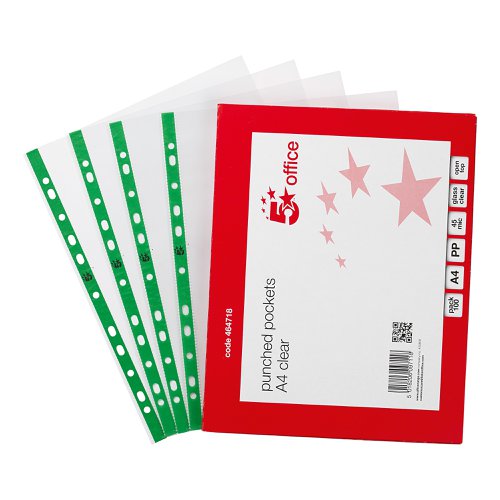 5 Star Office is a competitive range of office stationery. These Punched Pockets securely store your important paperwork with a top opening. Made of durable polypropylene which is copy-safe to protect your written and typed A4 documents, and that allows you to flip pages with ease. As it is glass clear, you can use this document pocket to display projects, paperwork, catalogues and magazines at meetings or conferences. Reinforced green multi-punched edge, allowing you to store unpunched documents in a ring binder or lever arch file.