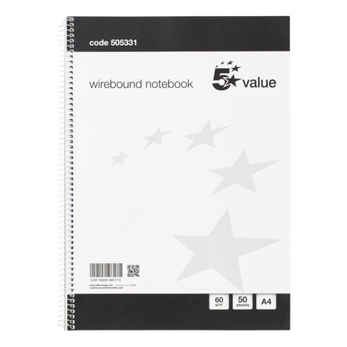 5 Star Value Wirebound Notebook 60gsm Ruled 100 Pages A4 Black/White (Pack of 10)